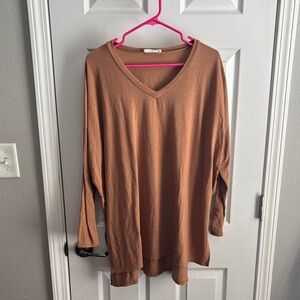 Zenana Outfitters Long Sleeve V-Neck Top - Tan